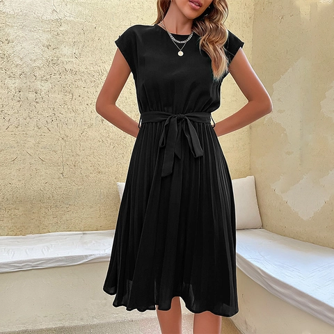 Abito Midi Plissettato Elegante da Donna Girocollo Manica Corta Tinta Unita Abito a Linea con Cintura in Vita per la Moda Estiva