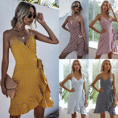 Women's Casual Floral Sling V-Neck Wrap Dress With Ruffle Hem Summer Beach Vacation Sleeveless High Waist Mini Dress