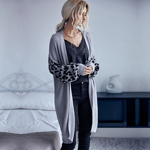 Women Casual Leopard Print Patchwork Knit Cardigan V Neck Loose Lantern Sleeve Mid Length Gray Sweater Jacket Open Front