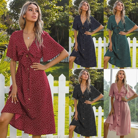 Damen Polka Dot Midi Kleid Elegant V Ausschnitt Schleife Einreihig Flatterärmel Hohe Taille A Linie Sommer Urlaub Kleid