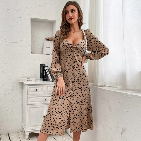 Elegante Abito Midi con Stampa Leopardata per Donna Manica Lunga Scollo a V Senza Schienale Bottoni Davanti Retrò Cachi Pendolare Linea A