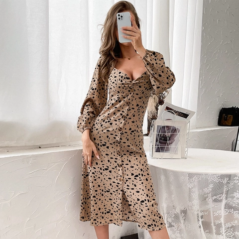 Elegante Abito Midi con Stampa Leopardata per Donna Manica Lunga Scollo a V Senza Schienale Bottoni Davanti Retrò Cachi Pendolare Linea A