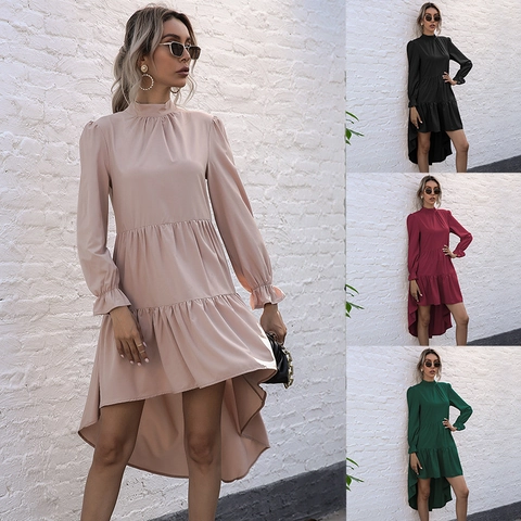 Women High Neck Ruffle Tiered Asymmetrical Midi Dress Long Trumpet Sleeve Solid Color Elegant High-Low Party Dress