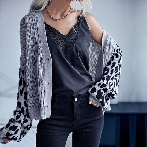 Damen Strickjacke Mit Leopardenmuster Patchwork Grau Langarm V-Ausschnitt Einreihig Locker Casual Mode Strickpullover