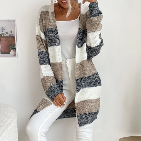 Damen Langer Gestreifter Strickjacke Pullover Offene Front Lockerer Schnitt Casual Color Block Herbst Winter Mantel