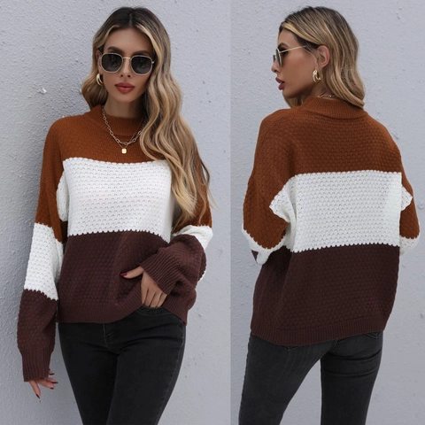 Maglione Pullover da Donna in Maglia a Girocollo Patchwork Manica Lunga Casual Color Block Morbido Caldo Autunno Inverno
