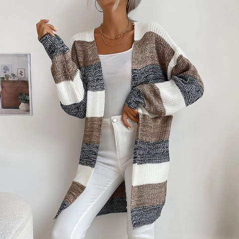 Damen Langer Gestreifter Strickjacke Pullover Offene Front Lockerer Schnitt Casual Color Block Herbst Winter Mantel