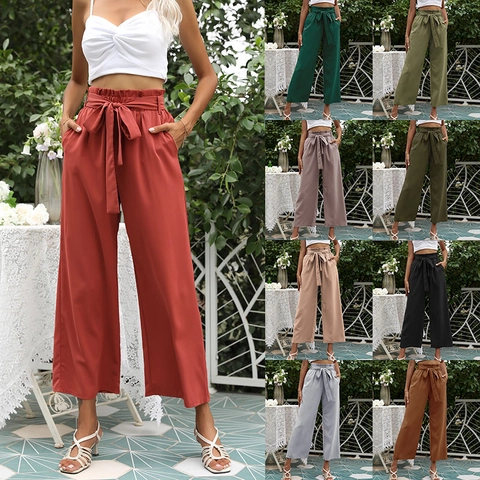 Women High Waisted Wide Leg Pants Paperbag Waist Solid Color Casual Cropped Trousers With Tie Belt Pockets Summer Fashion Pants