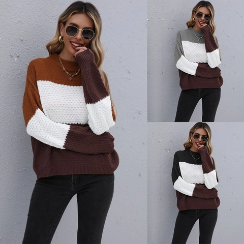 Maglione Pullover da Donna in Maglia a Girocollo Patchwork Manica Lunga Casual Color Block Morbido Caldo Autunno Inverno