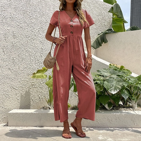 Women Casual V Neck Short Sleeve Wide Leg Jumpsuit Summer High Waist Button Up Solid Color Loose Romper For Women Vacation