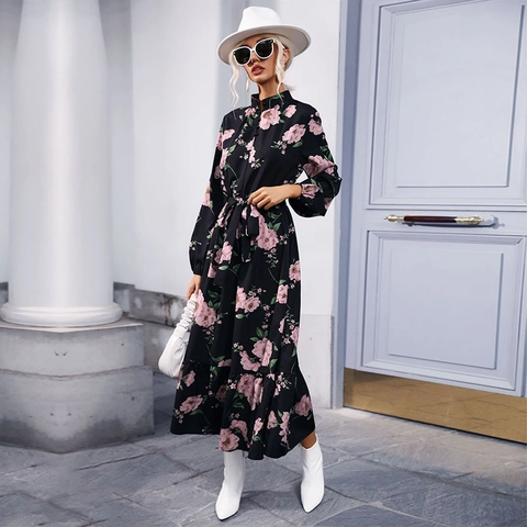 Dames Elegante Maxi Jurk met Bloemenprint Opstaande Kraag Lange Mouwen Strikceintuur Polyester Ruffle Zoom Vakantie Jurk