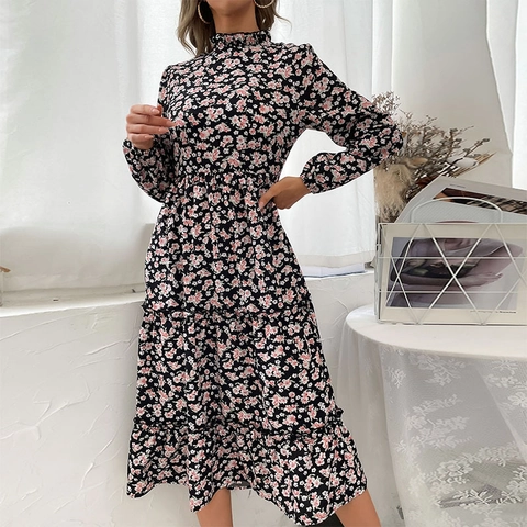 Γυναικείο Κομψό Midi Φόρεμα με Floral Print Ημίψηλος Γιακάς Κλιμακωτή Φούστα Μακρύ Μανίκι Ψηλόμεσο