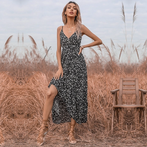 Vestito Lungo da Donna Sexy con Scollo a V Stampa Floreale Spalline Sottili Orlo a Volant Irregolare Abito Estivo Bohemien con Spacco