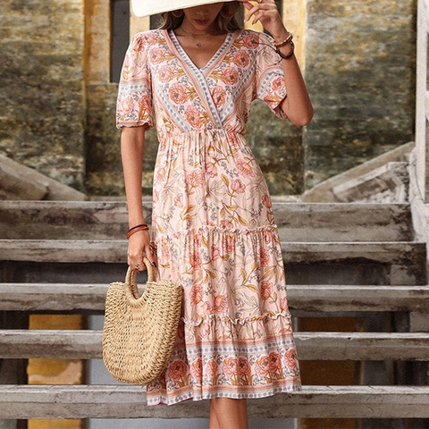Bohemian V-Neck Floral Print Midi Φόρεμα Γυναικείο 100% Βισκόζη Κοντό Μανίκι Πουφ Κλιμακωτή Φούστα Διακοπές Boho Κομψό Γραμμή Α