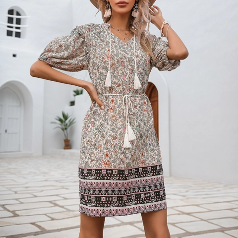 Dames Vintage Boheems Bloemen Mini Jurk V-Hals Tassel Trekkoord Pofmouwen Etnische Print A-Lijn Vakantie Kort Jurk