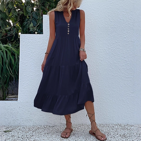 Women's Sleeveless V-Neck Tiered Maxi Dress Summer Casual Solid Color Viscose Loose Vacation Button Decoration Sun Dress