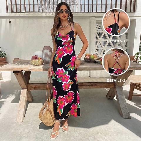 Women Floral Backless Strap Maxi Dress Summer Vacation Sexy Cowl Neck High Waist A-Line Printed Sleeveless Long Dress