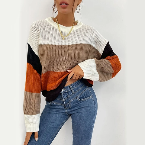 Maglione da Donna a Blocchi di Colore Lavorato a Maglia Patchwork Girocollo Casual Manica Lunga Pullover Vestibilità Comoda