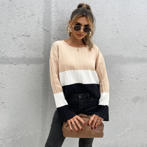 Damen Farblock Strickpullover Vertikal Gerippt Rundhals Langarm Pullover Patchwork Locker Casual Top Für Herbst Winter