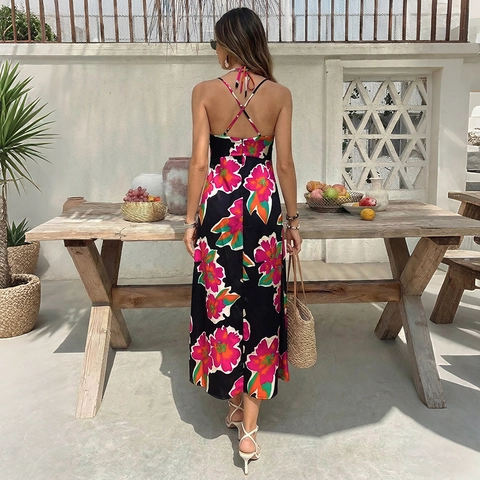 Women Floral Backless Strap Maxi Dress Summer Vacation Sexy Cowl Neck High Waist A-Line Printed Sleeveless Long Dress