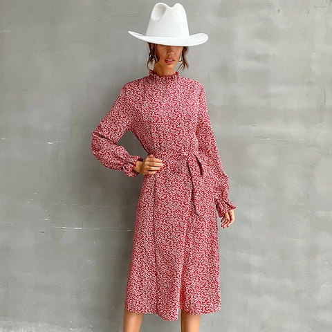 Elegant Wine Red Ditsy Floral Print Midi Dress Women Long Flare Sleeve Ruffle Mock Neck Tie Waist Polyester A-Line Dress