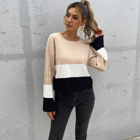 Damen Farblock Strickpullover Vertikal Gerippt Rundhals Langarm Pullover Patchwork Locker Casual Top Für Herbst Winter