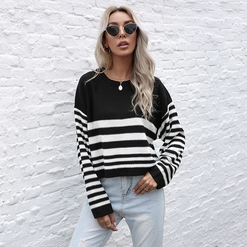 Maglione da Donna Casual a Righe a Manica Lunga in Maglia Girocollo Largo Pullover Patchwork Autunno Moda Maglieria Morbida