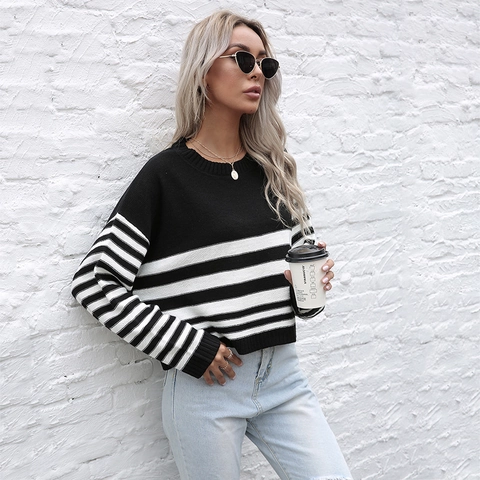Maglione da Donna Casual a Righe a Manica Lunga in Maglia Girocollo Largo Pullover Patchwork Autunno Moda Maglieria Morbida