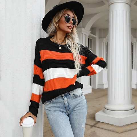Suéter de Punto Casual para Mujer con Rayas de Bloques de Color Cuello Redondo Manga Larga Corte Holgado Pullover