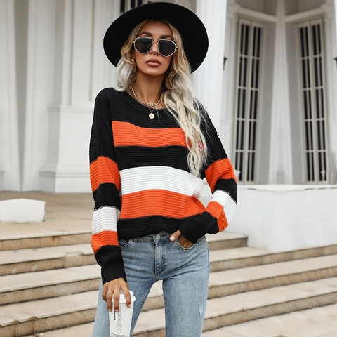 Suéter de Punto Casual para Mujer con Rayas de Bloques de Color Cuello Redondo Manga Larga Corte Holgado Pullover