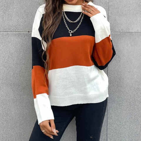 Γυναικείο Casual Πλεκτό Πουλόβερ Με Ρίγες Color Block Στρογγυλή Λαιμόκοψη Μακρύ Μανίκι Πολυεστέρας Χαλαρή Εφαρμογή Τοπ