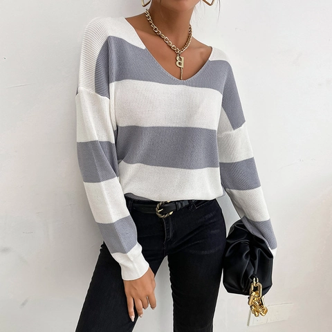 Suéter de Punto Rayado Casual para Mujer Cuello en V Corte Holgado Hombro Caído Manga Larga Color de Contraste Jersey Moda Gris Blanco