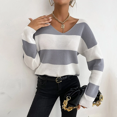 Suéter de Punto Rayado Casual para Mujer Cuello en V Corte Holgado Hombro Caído Manga Larga Color de Contraste Jersey Moda Gris Blanco