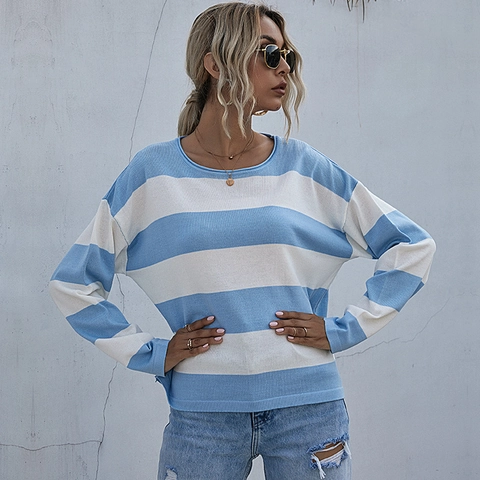 Women Casual Striped Knit Sweater Color Block Long Sleeve Drop Shoulder Loose Round Neck Pullover Knitwear Fashion Top