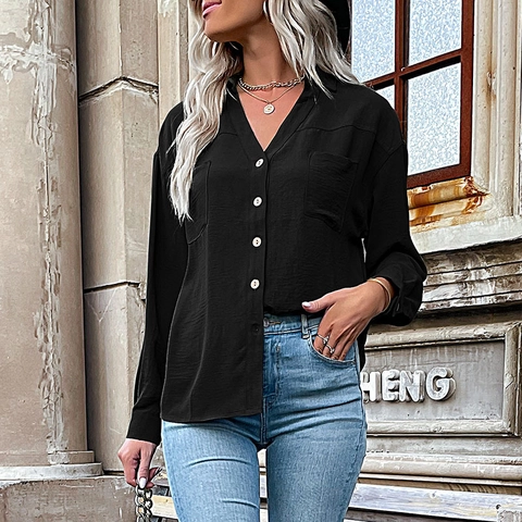 Blusa Casual para Mujer Color Sólido Cuello de Solapa Manga Lunga con Bolsillos Botonadura Cuello en V Top de Moda