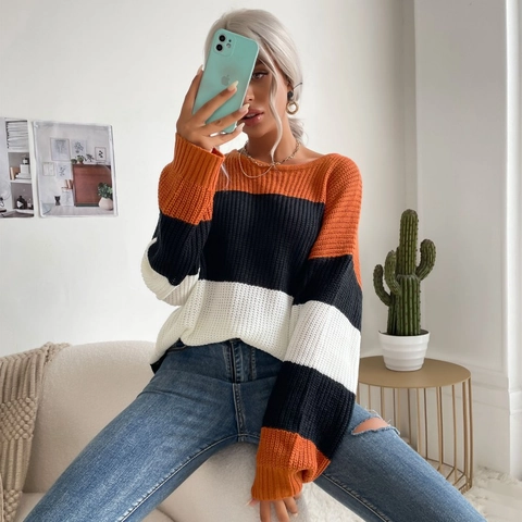 Pull en Tricot à Rayures de Couleur Contrastée pour Femmes Col Rond Oversize Manches Longues Pullover Automne Décontracté Patchwork Haut