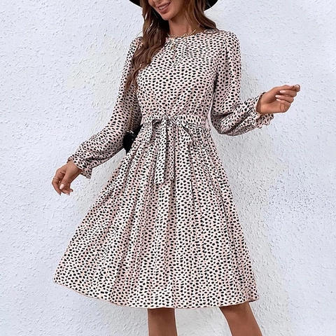 Abito Midi da Donna Elegante con Stampa Leopardata e Maniche Lunghe con Cintura a Girocollo Plissettato Polsino con Volant