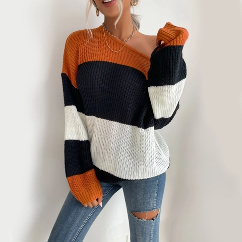 Pull en Tricot à Rayures de Couleur Contrastée pour Femmes Col Rond Oversize Manches Longues Pullover Automne Décontracté Patchwork Haut