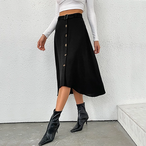 Women's High Waist A-Line Midi Skirt with Button Front and Belt Irregular Hem Casual Solid Color Fashion Skirt