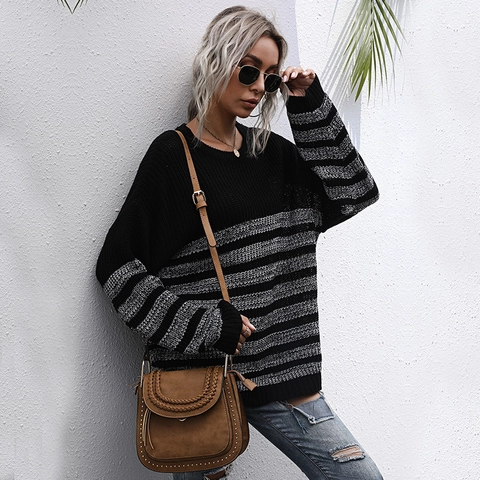 Maglione da Donna a Righe Lavorato a Maglia Casual Manica Lunga Girocollo Vestibilità Comoda Misto Cotone Poliestere Top Pullover per l'Autunno