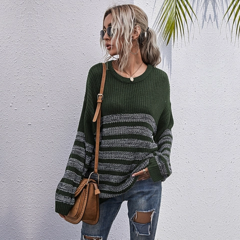 Maglione da Donna a Righe Lavorato a Maglia Casual Manica Lunga Girocollo Vestibilità Comoda Misto Cotone Poliestere Top Pullover per l'Autunno