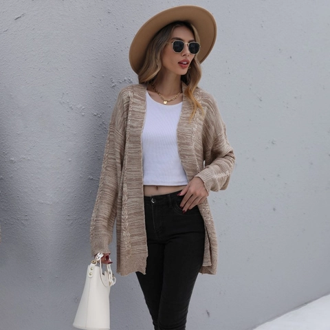Women's Casual Mid-Length Cable Knit Cardigan Sweater Loose Open Front Long Sleeve V-Neck Khaki Knitwear Outerwear Coat