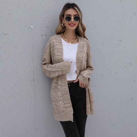 Women's Casual Mid-Length Cable Knit Cardigan Sweater Loose Open Front Long Sleeve V-Neck Khaki Knitwear Outerwear Coat