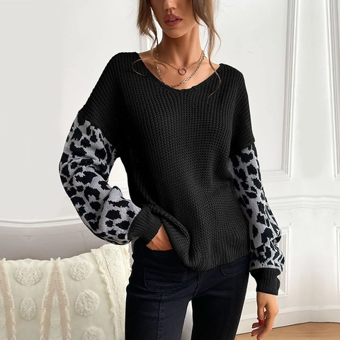 Damen Leopardenmuster Patchwork Strickpullover V-Ausschnitt Oversized Polyester Pullover Lazy Style Langarm Casual Jumper