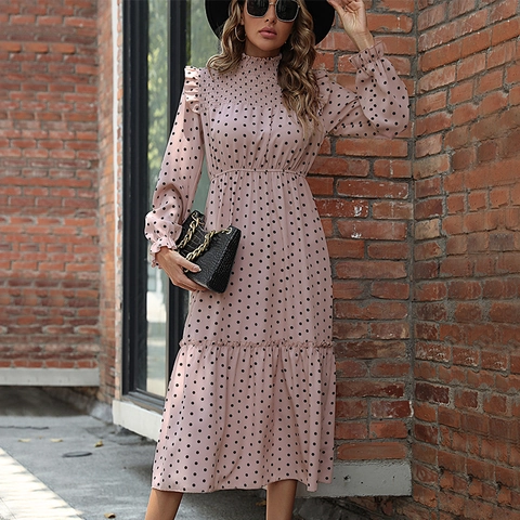 Women's Pink Polka Dot Mock Neck Tiered Midi Dress Long Sleeve Smocked Ruffle French Vintage Elegant Party Dress