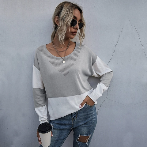 Maglione da Donna in Maglia a Blocchi di Colore Scollo a V Intagliato Patchwork Manica Lunga Pullover in Misto Cotone