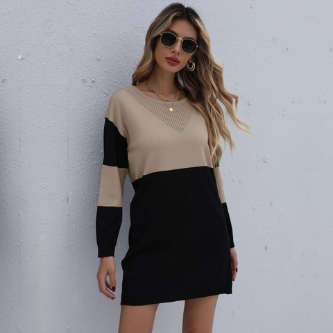 Damen Casual Farbblock Strick Mini Kleid Rundhalsausschnitt V-Hohl Langarm Patchwork Pullover Kleid Schick Büro Dame Top