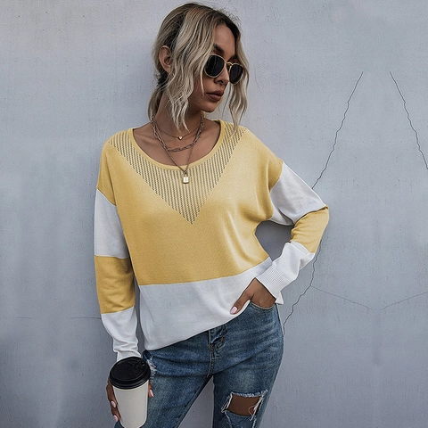 Maglione da Donna in Maglia a Blocchi di Colore Scollo a V Intagliato Patchwork Manica Lunga Pullover in Misto Cotone