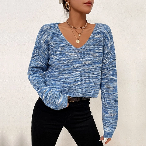 Women's Casual Cropped V-Neck Sweater Blue White Space-Dye Knit Long Sleeve Pullover Autumn Winter Fashion Jumper