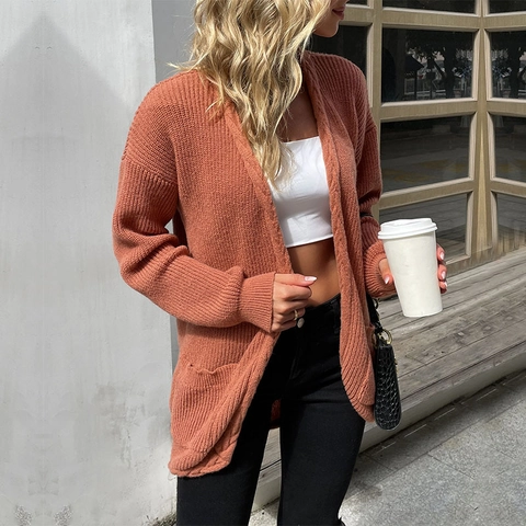 Women's Casual Long Sleeve Open Front Knit Cardigan Loose Mid Length Sweater Outerwear With Pockets Brick Red Solid Color